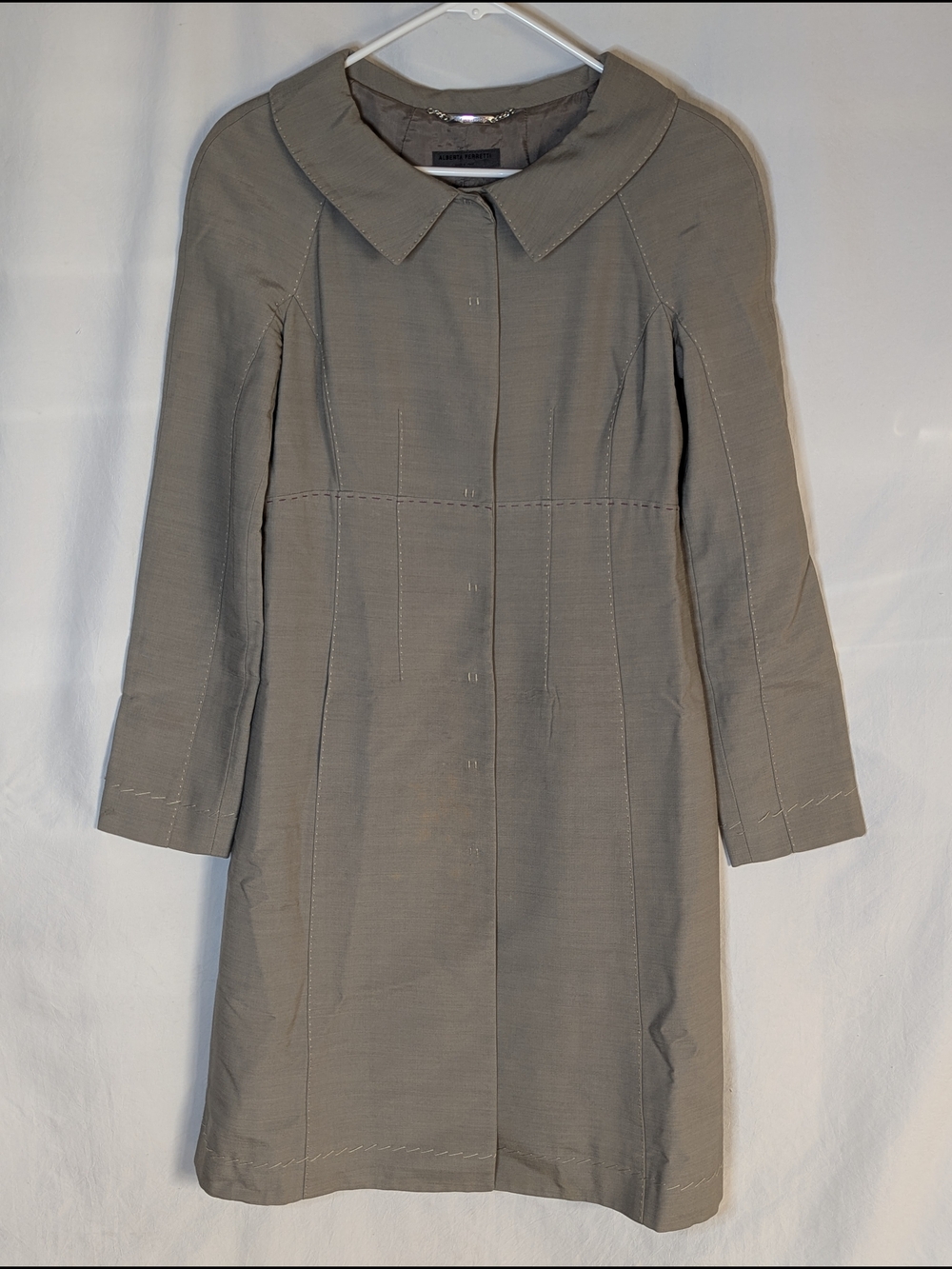 Alberta Ferretti Taupe Long Sleeve Tailored Coat Contrasting Stiching Snap Front
